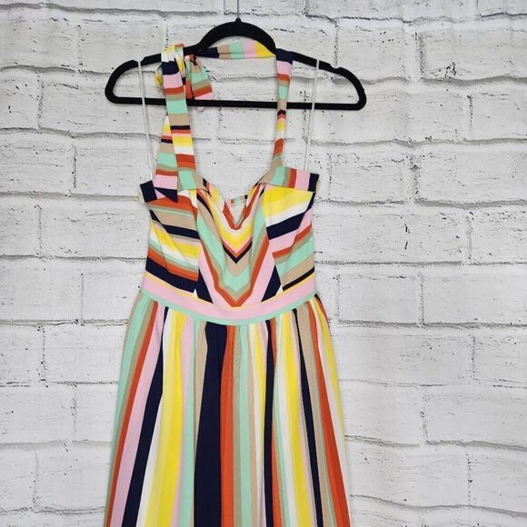Modcloth Womens Multicolor Frequent Piquant Stripe Ruffle Hem Halter Dress Small - Picture 2 of 15